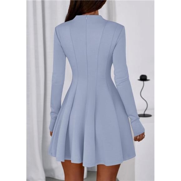 Women Elegant Swing A Line Ruffle Dress Blue - Picture 4 of 6